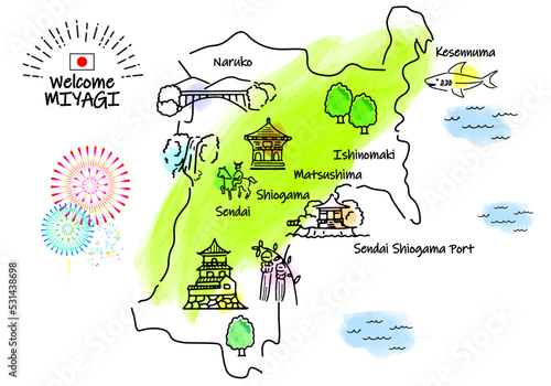宮城県の観光地のシンプル線画イラストマップ photo