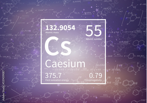 Caesium chemical element with first ionization energy, atomic mass and electronegativity values on scientific background