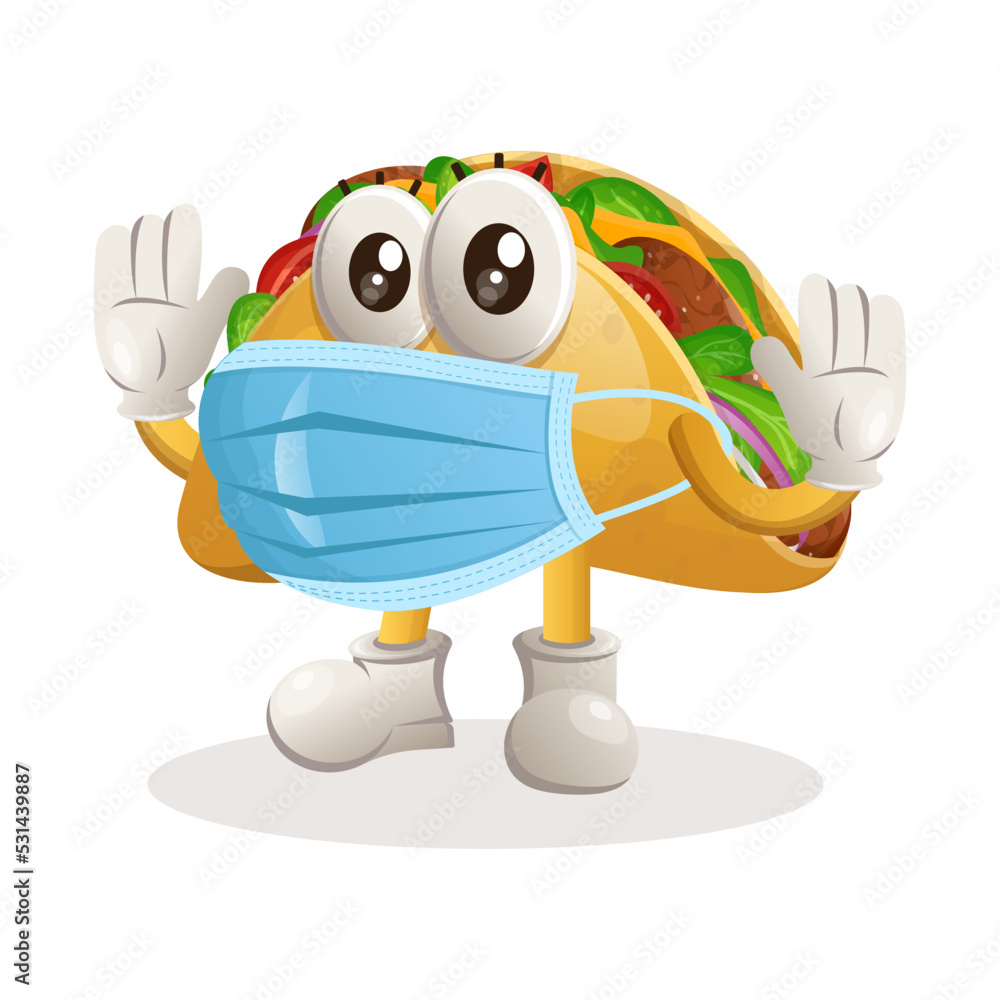 Cute taco mascot wearing medical mask, protect from covid19 Stock