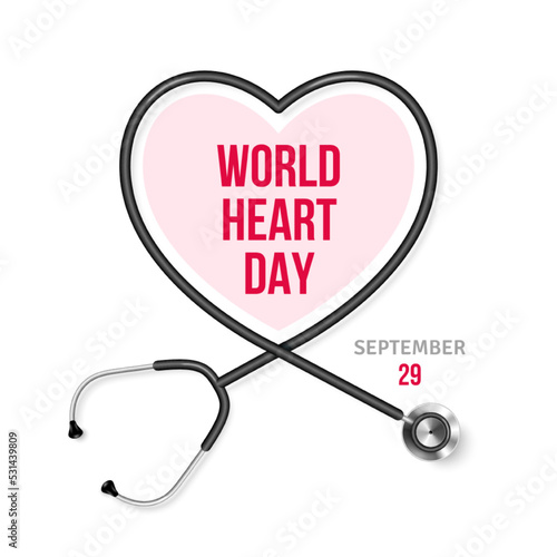 Stethoscope and heart shaped frame concept poster. World health day banner. Vector illustration. Healthcare background medical template, cardiology equipment isolated, cardiologist instrument
