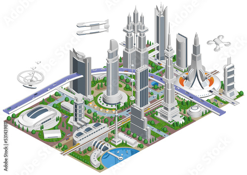 ブロックのように組み合わせれば大きな未来都市になる街並みイラスト　バリエーションあり
