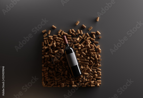 Top view of red wine bottle over wine corks