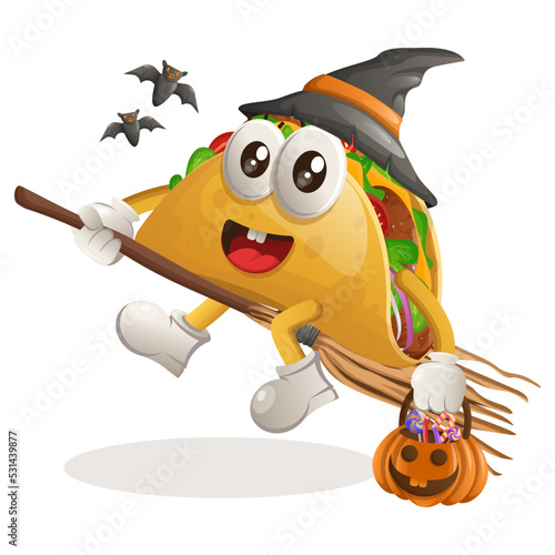 Cute taco mascot witch with holding halloween pumpkin