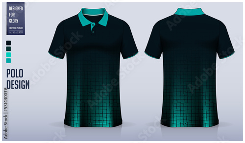 Green polo shirt mockup template design for soccer jersey, football kit, golf, tennis, sportswear. Geometric pattern.