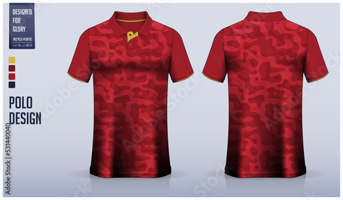 Red polo shirt mockup template design for soccer jersey, football kit, golf, tennis, sportswear. Camouflage pattern.