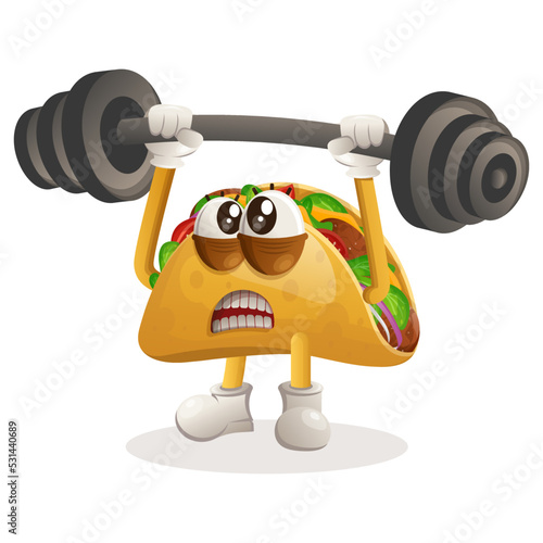 Cute taco mascot bodybuilding with barbell