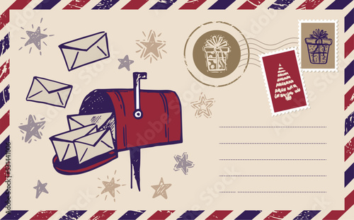 Christmas mail, postcard, hand drawn illustration.    
 