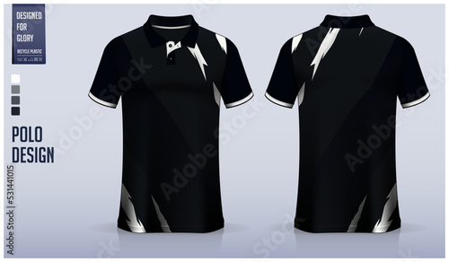 Black polo shirt mockup template design for soccer jersey, football kit, golf, tennis, sportswear. Brushstroke pattern.
