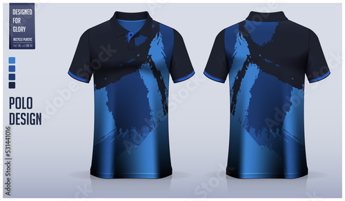 Blue polo shirt mockup template design for soccer jersey, football kit, golf, tennis, sportswear. Grunge pattern.