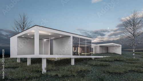 Architecture 3d rendering illustration of modern minimal house built on a natural sloping terrain © Aris Suwanmalee