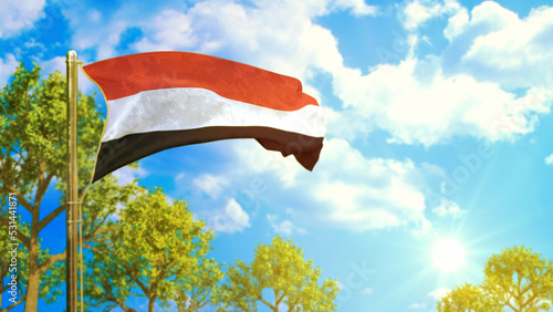 flag of Yemen at sunny day, summer season symbol - nature 3D rendering photo