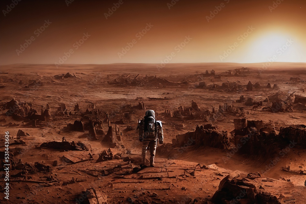 Astronaut stands on the edge of a cliff. Mars exploration. Back view of ...
