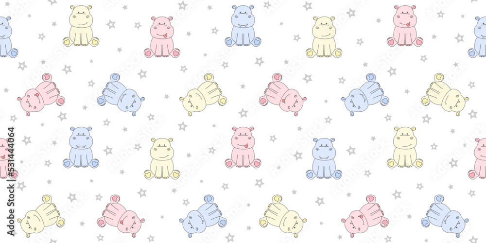 Colorful sitting hippos on a white background with small gray stars. Endless texture with cute tiny behemoths. Vector seamless pattern for surface texture, cover, wrapping paper or printing on clothes