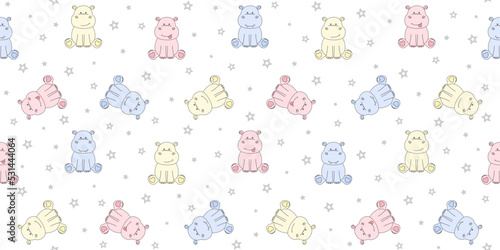 Colorful sitting hippos on a white background with small gray stars. Endless texture with cute tiny behemoths. Vector seamless pattern for surface texture, cover, wrapping paper or printing on clothes