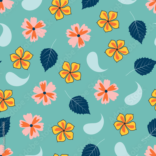 Modern fashionable floral seamless ditsy pattern design of abstract flowers, leaves and paisleys. Elegant repeating texture background for textile