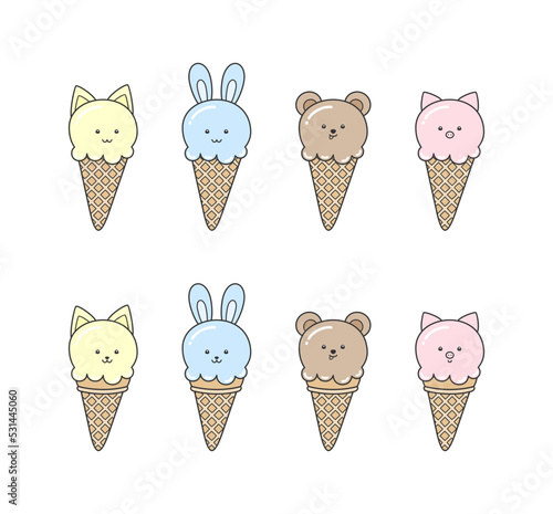 Colorful ice cream cones with cute animals, isolated on a white background. Summer food and dessert with funny pets. Vector set of kawaii sweet characters for ice cream shop, confectionery, packaging