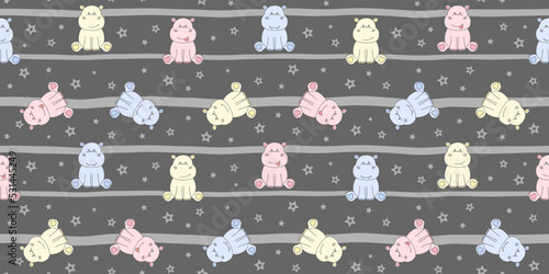 Colorful sitting hippos on a gray striped background with small stars. Endless texture with cute tiny behemoths. Vector seamless pattern for surface texture, cover, wrapping paper, packaging and print