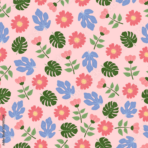 Modern fashionable vector ditsy floral seamless pattern design of flowers and leaves. Elegant repeat blooming foliage texture background for textile