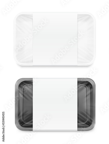 Horizontal black and white tray container mockups. Vector illustration isolated on white background. Layered template file easy to use for your promo product. EPS10.	
