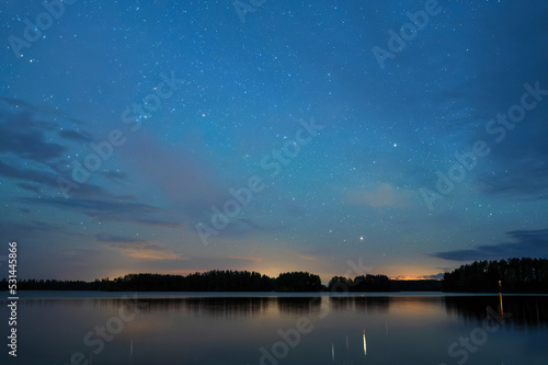 Night landscape under starry sky, stars reflecting from calm water surface, distant thunder in the horizon.