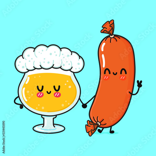 Cute, funny happy glass of beer and sausage. Vector hand drawn cartoon kawaii characters, illustration icon. Funny cartoon glass of beer and sausage mascot character concept