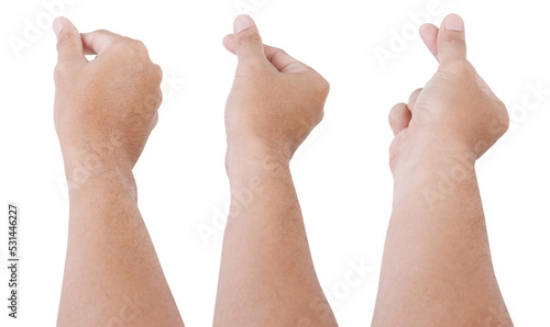  Male asian hand gestures isolated over the white background. Grab Thing with Two fingers Action.