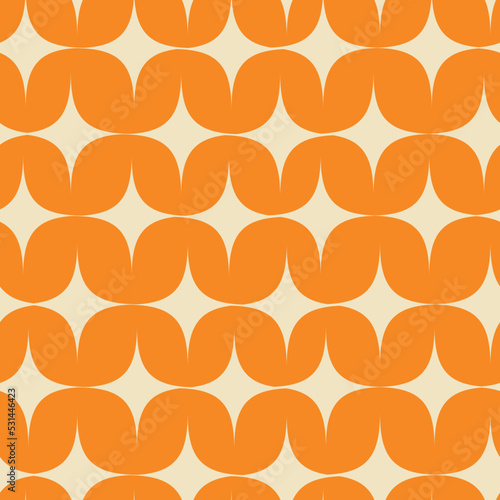 Mid century atomic white starbursts seamless pattern on orange background. For home décor, wallpaper and textile. 