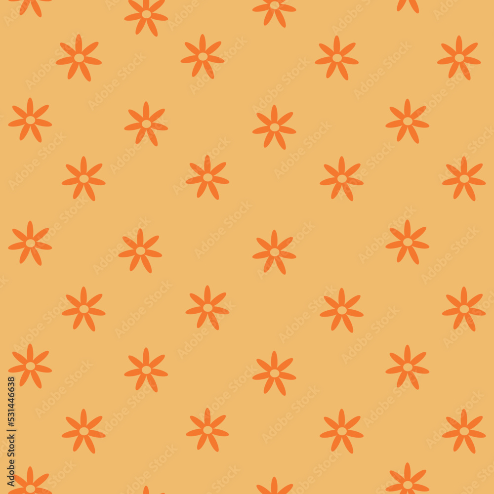 Simple retro orange flowers seamless pattern on dusty yellow backgrounds. For fabric, textile, wallpaper and home décor Simple retro orange flowers seamless pattern on dusty yellow backgrounds. For fabric, textile, wallpaper and home décor