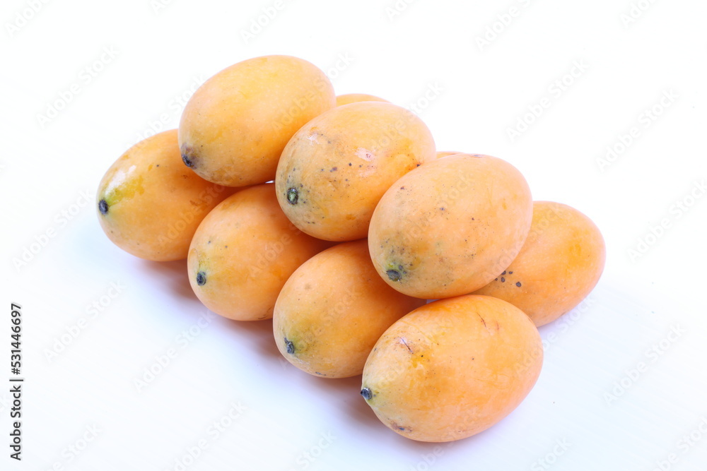 Closeup sweet Marian plum thai fruit isolated on white background (Mayongchid Maprang Marian Plum and Plum Mango,Thailand) Closeup sweet Marian plum thai fruit isolated on white background (Mayongchid Maprang Marian Plum and Plum Mango,Thailand)