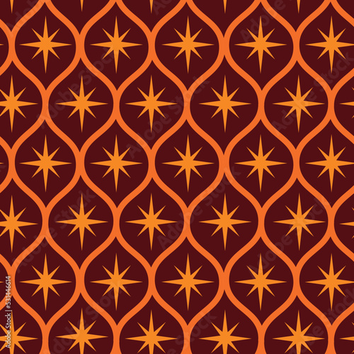 Mid century modern orange atomic starburst on brown ogee seamless pattern. For home décor, wallpaper and textile 