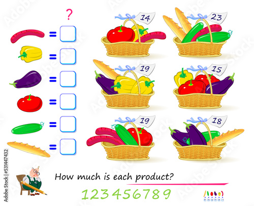 Mathematical logic puzzle game for smartest. How much is each product? Solve examples and write the numbers. Find solution for all baskets. Brain teaser book. Count and play. Online education.