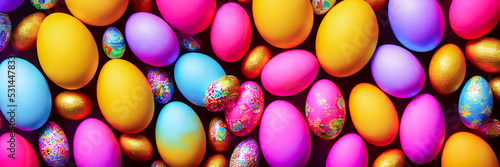 Colorful Easter Eggs Background. Banner size. 3D © Roman Studio