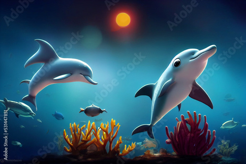 Super cute little dolphin for kids illustration under the ocean in a colorful atmosphere with plenty of fish and corals © guillaume