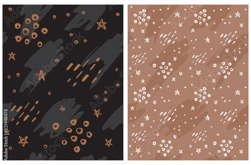Cute Galaxy Print. Stars, Dots and Spots on a Black and Brown Background. Infantile Style Hand Drawn Irregular Starry Seamless Vector Pattern. Abstract Night Sky Repeatable Design. Doodle Print.