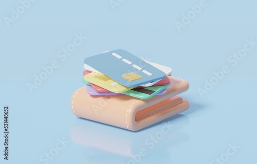 3D stack of credit cards lying on wallet, credit card debts or bills, overspending addiction, financial insecurity concept, 3d render illustration. photo