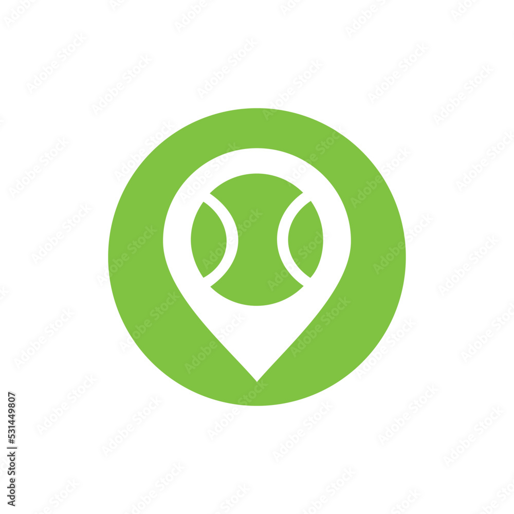 Tennis ball and map pin logo combination, tennis court location logo icon Tennis ball and map pin logo combination, tennis court location logo icon