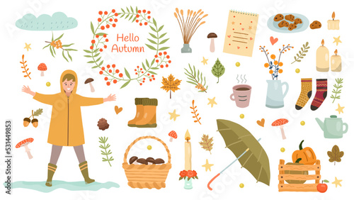 Autumn season. Orange forest foliage. Farmer harvest. Pumpkin and socks clothed. Farm fall products. Leaves herbarium. Woman in warm coat. Seasonal collection. Vector flat illustration