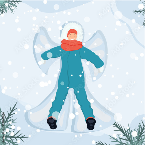 A woman lies on the snow in winter clothes. Snowing. Mountains in the background. Winter activities.Vector illustration in flat style.