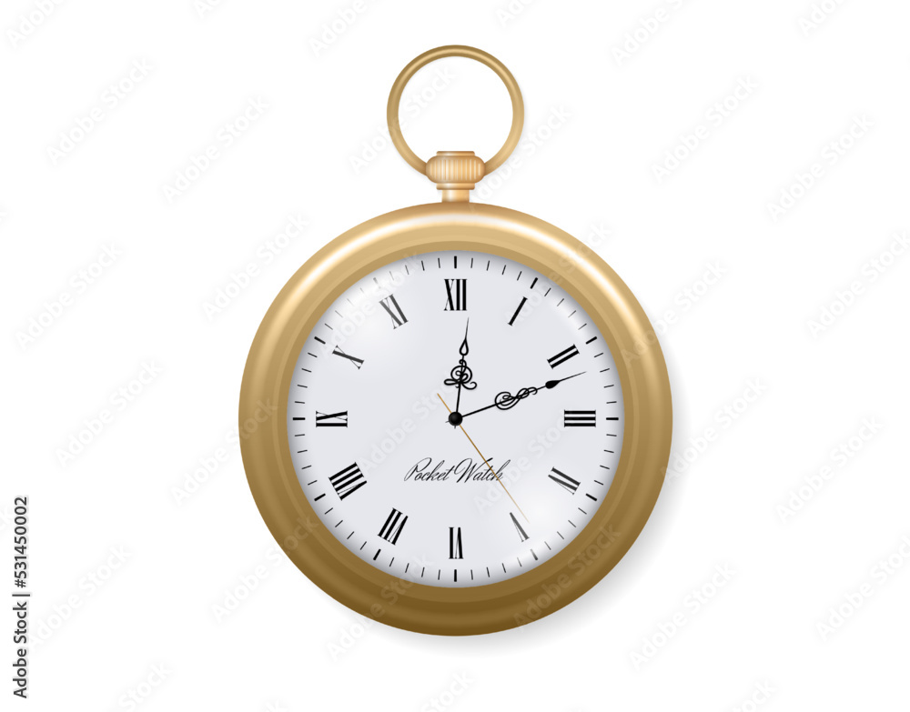 Gold pocket watch. Old chronometer dial. Ancient fob clock. Golden luxury realistic stopwatch. Transparent glass. Retro timepiece. Vintage accessory. Vector time measure instrument