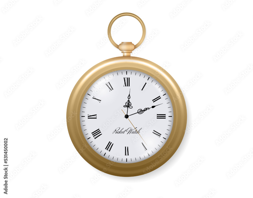 Gold pocket watch. Old chronometer dial. Ancient fob clock. Golden luxury realistic stopwatch. Transparent glass. Retro timepiece. Vintage accessory. Vector time measure instrument Gold pocket watch. Old chronometer dial. Ancient fob clock. Golden luxury realistic stopwatch. Transparent glass. Retro timepiece. Vintage accessory. Vector time measure instrument