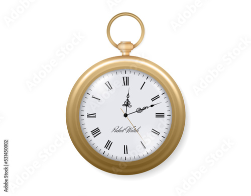 Gold pocket watch. Old chronometer dial. Ancient fob clock. Golden luxury realistic stopwatch. Transparent glass. Retro timepiece. Vintage accessory. Vector time measure instrument