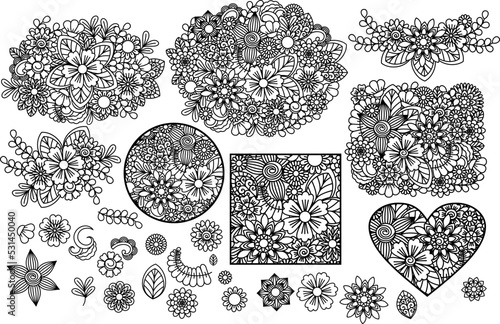 Laser cut template set, abstract floral pattern.  Wood, glass, metal cutting. Vector illustration
