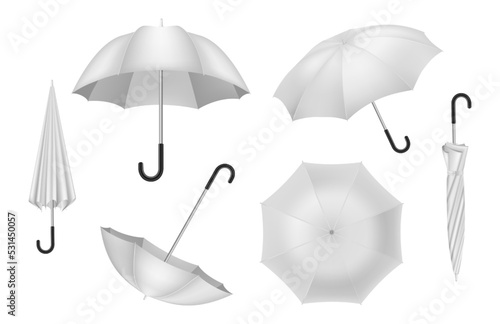 Realistic umbrella, white parasol, closed and open canopy. Plastic sun handle waterproof device, light shadow object, rain protect. Blank empty elements for branding, vector 3d objects set