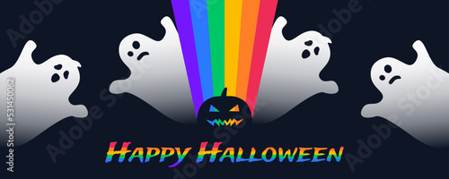 happy halloween lgbt rainbow color rays  scary pumpkin cute ghosts   banner design vector illustration