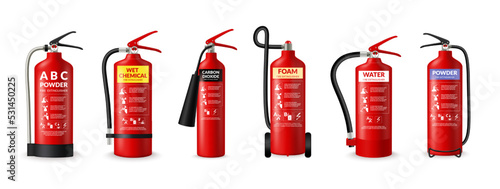 Fire safety equipment manual. Chemical foam. Red cylinders with hoses. Ignition extinguish instruction concept. Firefighting powder. Flame emblem and guide. Vector extinguishers set