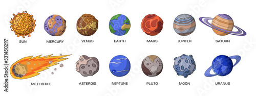 Planets and meteorite. Solar system elements set. Isolated comet or star. Venus and Pluto. Space galaxy. Earth, Jupiter, Uranus and Mars. Mercury and Neptune. Vector cartoon collection