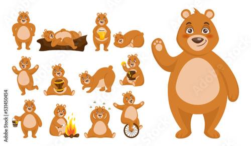 Animal character. Funny bear actions. Happy creature sleeping on wood and eating honey. Forest wildlife. Thinking and dancing. Grizzly with orange fire. Vector cartoon mammal activities set