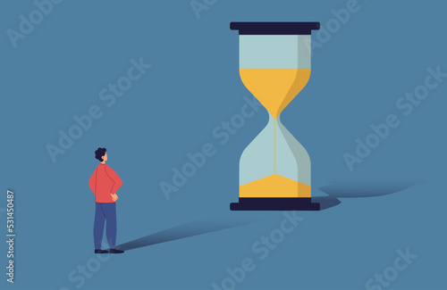 Hourglass. Time measurement. Sand clock. Deadline hour. Man looking at sandglass and waiting. Business work. Big glass watch. Countdown infographic. Job organization. Vector illustration
