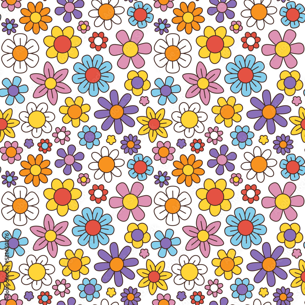 70s groovy flower pattern, chamomile and daisy flowers vintage print. 60s abstract floral fabric, psychedelic retro colors. Decor textile, wrapping paper, wallpaper vector seamless background