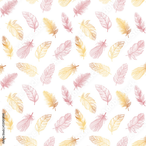 Vector seamless pattern background with gold and pink feather vector illustration, for print, fabrics, decorations, paper